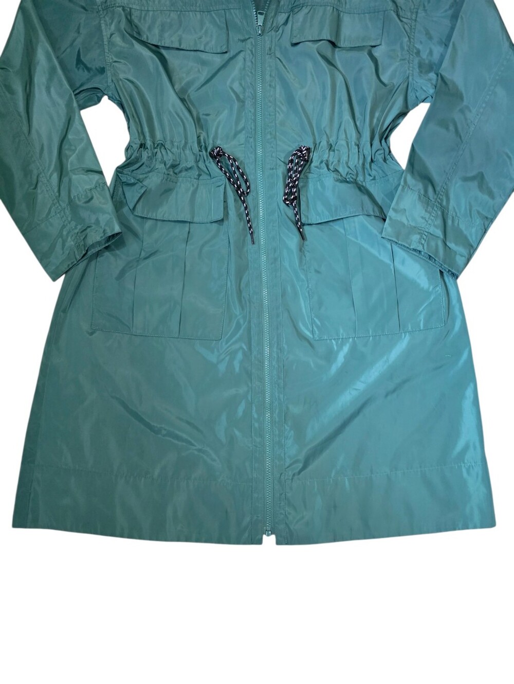 Open Edit Packable Teal Hooded Raincoat Jacket Full Length Size Small - Picture 4 of 7